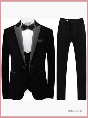 Velvet 3 Piece Suit Slim Fit Peaked Lapel Tuxedo Dinner Jacket Vest Pants